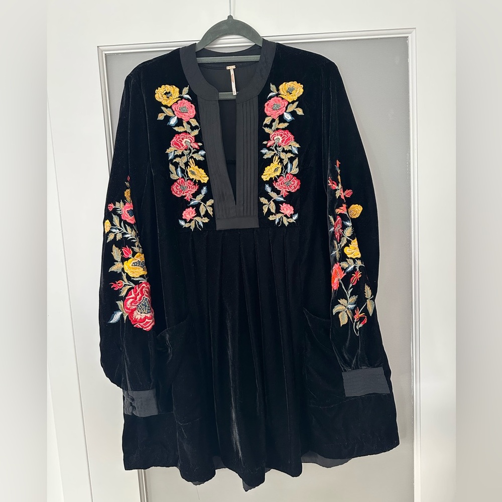 Free People Mia Black Velvet Embroidered Dress - Picture 3 of 7